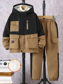 SHEIN 2pcs Tween Boy Workwear Thermal Patchwork Outdoor Fleece Jacket And Warm Pants Set, Autumn/Winter - Brown - View 3