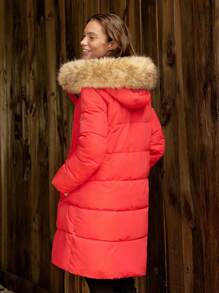 LanaWest Faux Fur Patchwork Zip Front Hooded Long Sleeve Jacket With Buttons, Winter Fall Cloth For Women - Red - View 2