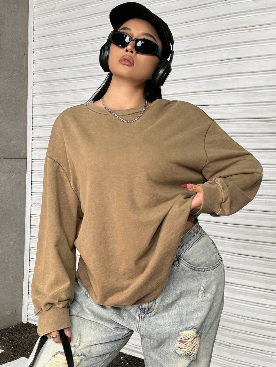 SHEIN EZwear 大码休闲纯色圆领运动衫,秋季 - 棕色 - 查看 1