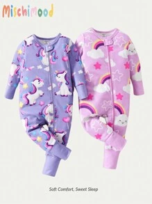 Baby Girl Cute Unicorn, Rainbow, Cloud, Star Printed 2-Piece Pajama And Set - Multicolor - View 1