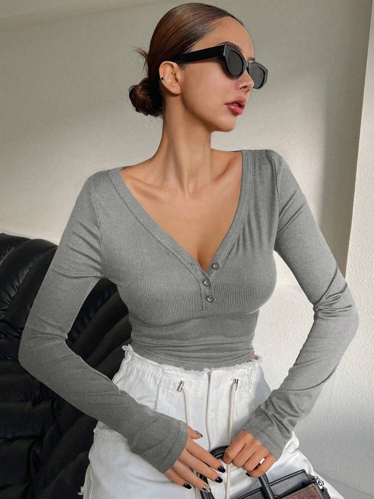 V-Neck Half Placket Button Curved Hem Fitted Long Sleeve Women T-Shirt,Fall Clothes