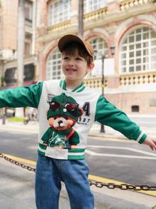 SHEIN 年轻男孩绿色和白色对比熊印花前扣长袖夹克，适合秋季 - 彩色 - 查看 1