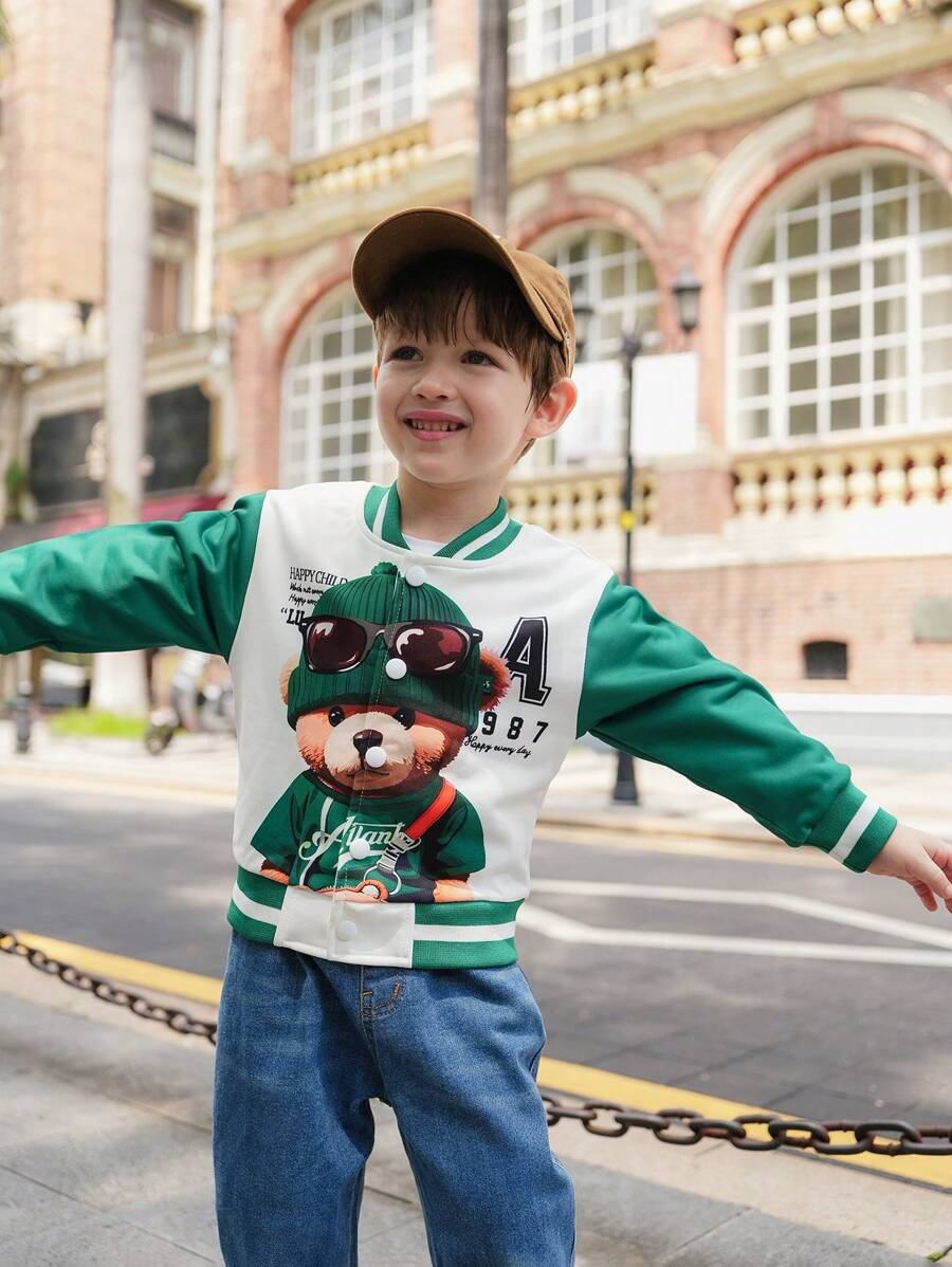 SHEIN 年轻男孩绿色和白色对比熊印花前扣长袖夹克，适合秋季 - 彩色 - 查看 1