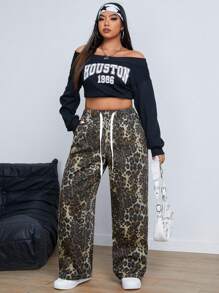 SHEIN ICON Plus Size Drawstring Waist Leopard Print Pocketed Loose Casual Jeans