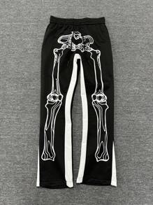 PAVTROS American Streetwear 骨纹休闲喇叭裤，Y2k 男士哥特式抽绳腰部印花时尚运动裤，骷髅运动裤，万圣节服装，街头服饰，长款宽松喇叭裤，拼色运动裤，送给老公、男朋友的礼物 - 黑色 - 查看 4
