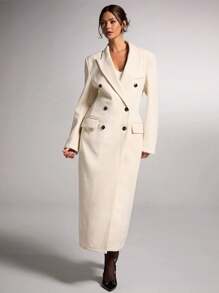 SHEIN BAE Áo khoác dài dày cổ điển hai hàng khuy lưng rộng màu trắng mùa đông cho nữ, ấm áp, thích hợp cho Lễ Tạ ơn, Giáng sinh, Halloween, trang phục ngày lễ, công sở và thường ngày, mùa đông - trắng - Xem 4