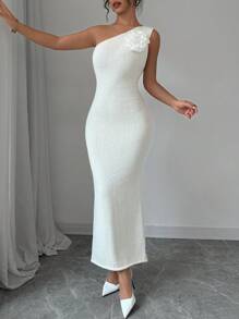 Chiquease Vestido suéter feminino outono inverno cor sólida 3d floral decoração sem mangas elegante - Branco - Ver 1