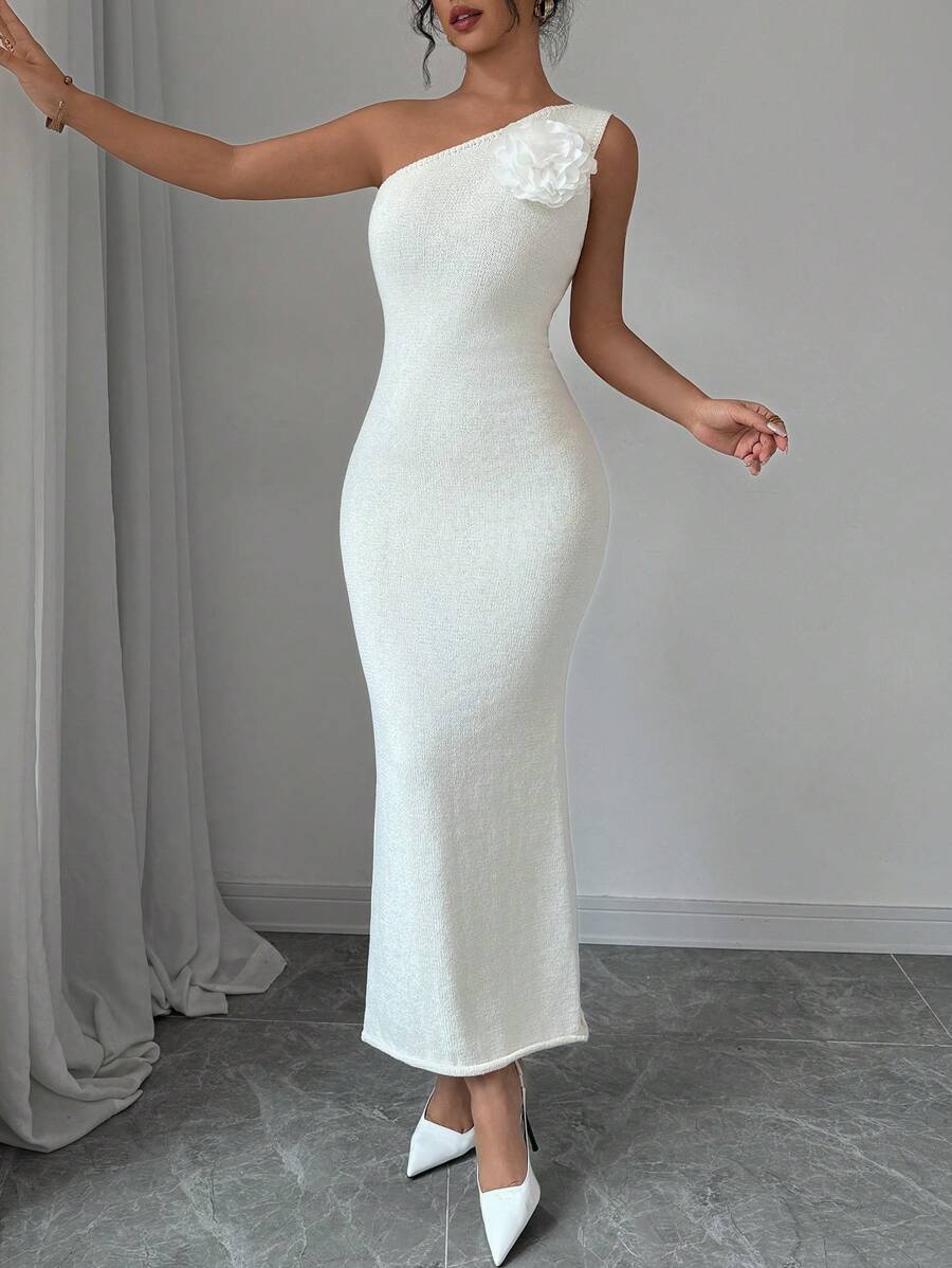 Chiquease Vestido suéter feminino outono inverno cor sólida 3d floral decoração sem mangas elegante - Branco - Ver 1