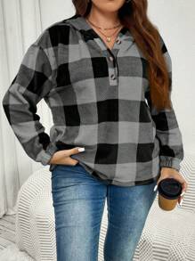SHEIN Essnce Sudadera holgada casual con capucha a cuadros para mujer de talla grande