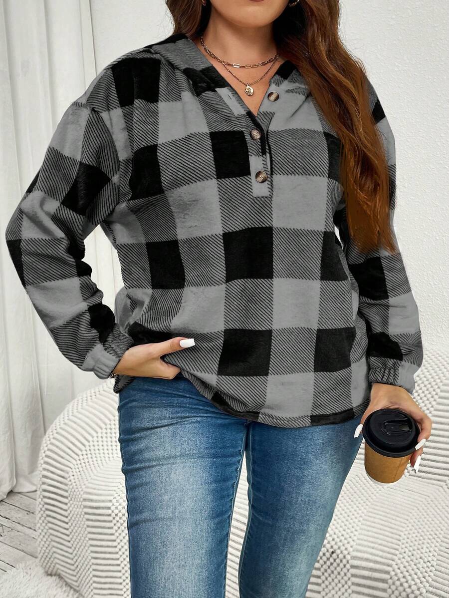SHEIN Essnce Plus Size Women's Plaid Hooded Loose Casual Sweatshirt Graduation,Back To School Outfits,Graduation,Teacher Outfits For Women,Back To School