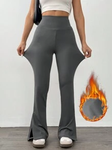 SHEIN EZwear 女士纯色弹力喇叭腿开衩紧身裤 - 黑色 - 查看 1
