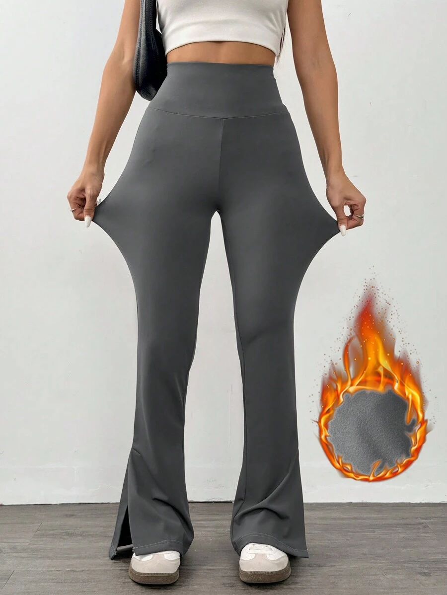 SHEIN EZwear 女士纯色弹力喇叭腿开衩紧身裤 - 黑色 - 查看 1