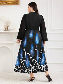 Modelyn Plus Size Feather Print Patchwork Long Sleeve Button Front Casual Dress Long Evening Dresses