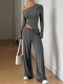 SHEIN EZwear 2 件套女士休闲纯色不对称长袖上衣和裤子套装，春秋 - 灰色 - 查看 5