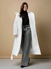 EURMUSE Manteau d'hiver avec ceinture, style léger, col châle et détails de col à capuche, rembourré long - Marron - Voir 7