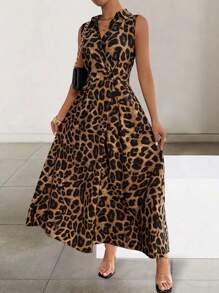 Xyvia Women's Front Button Collared Sleeveless Animal Leopard Print Pocket Casual Dress Maxi Women Outfit