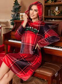 Váy ngủ trùm đầu bằng vải nỉ kẻ caro thêu hoa văn cho nữ, Giáng sinh - Đỏ - Xem 6