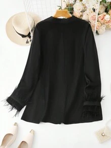 Mulvari Plus Size Patchwork Fluffy Loose Casual Suit Jacket - Black - View 2