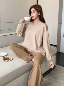 DAZY Minimalist Fleece Patchwork V-Neck Loose Loungewear Set Fall,Winter Pajama - Apricot - View 3