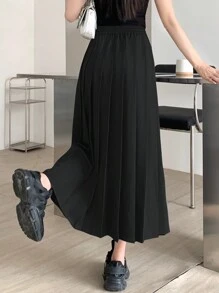 DAZY Women Solid Color Drawstring Waist Pleated Midi Skirt,Fall Clothes Winter Women Skirts - Black - View 4