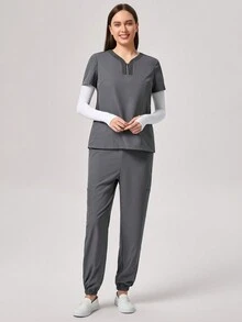 TaskEZ V 领短袖撞色 4 个口袋休闲女式 T 恤刷洗制服衬衫和女式裤子刷洗制服套装，健康检查手术刷洗制服套装女士纯色宠物美容工作刷洗制服套装营养师工作服短袖实验室工作服女士两件套刷洗套装套装，多口袋功能性工作服，上衣领口带拉链方便穿脱，下身松紧腰带方便穿脱 - 灰色 - 查看 7
