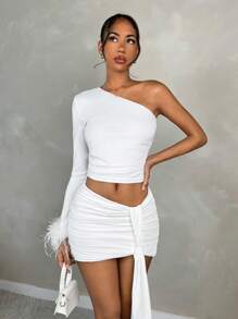 SHEIN BAE 1 套女式斜肩褶皱长袖 T 恤和低腰褶皱垂褶裙，不对称设计，适合日常、夜店装和派对 - 白色 - 查看 3