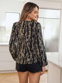 SHEIN LUNE Áo sơ mi tay đèn lồng in họa tiết cây cổ chữ V giản dị dành cho nữ - Nhiều màu - Xem 2