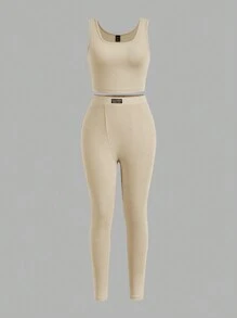 SHEIN Tall 2 sztuki Jednolity Kolor Casual Tank Top I Spodnie Zestaw, Wiosna Jesień