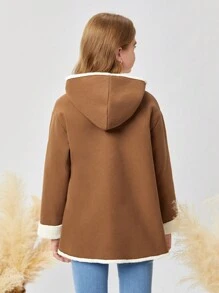 SHEIN Tween Girls' Fluffy Hooded Casual Jacket With Large Pockets, Ribbed Cuffs, Brown, Winter - Mocha Brown - View 2
