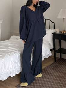 DAZY Plain Ruffle Trim Loose Pajama Set - Blue - View 6