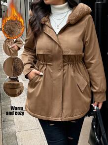 Calvaya Manteau rembourré casual pour femmes grandes tailles à manches longues, taille resserrée par cordon de serrage, doublure thermique, avec capuche pour l'automne et l'hiver