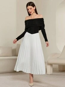 Modelyn Women's Long Knitted Pleated Off-Shoulder Waist Gathers Dress, Elegant And Feminine Long Evening Dresses - Black and White - View 6