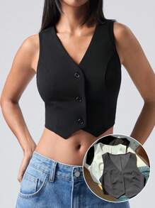 Comfortcana 3 件套女士休闲 V 领单排扣纯色背心套装，秋季 - 彩色 - 查看 6