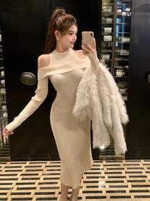 DAZY Women's Off Shoulder Fitted Knitted Sweater Dress,Fall Clothes - Beige - View 2