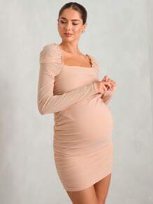 MaterniChic Schwangerschaftskleid mit Rüschen an den Ärmeln, geraffter Mesh-Überlagerung, körperbetonter Schnitt, einfarbiges gestricktes Mesh-Damen-Bodycon-Kleid für Frühling und Herbst, geeignet für Party, Abend, Hochzeit, Straßenmode