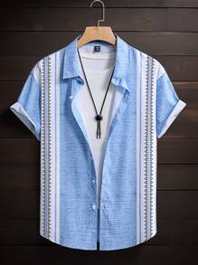 Manfinity Homme Plus Size Men Geometric Print Button-Up Casual Short Sleeve Shirt - Multicolor - View 1