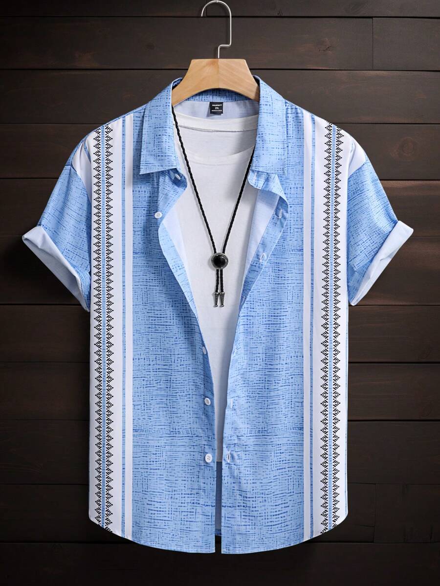 Manfinity Homme Plus Size Men Geometric Print Button-Up Casual Short Sleeve Shirt - Multicolor - View 1