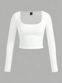 SHEIN EZwear 3 chiếc áo thun dài tay cổ vuông nhún eo cơ bản cho nữ, hàng mới về - Nhiều màu - Xem 3