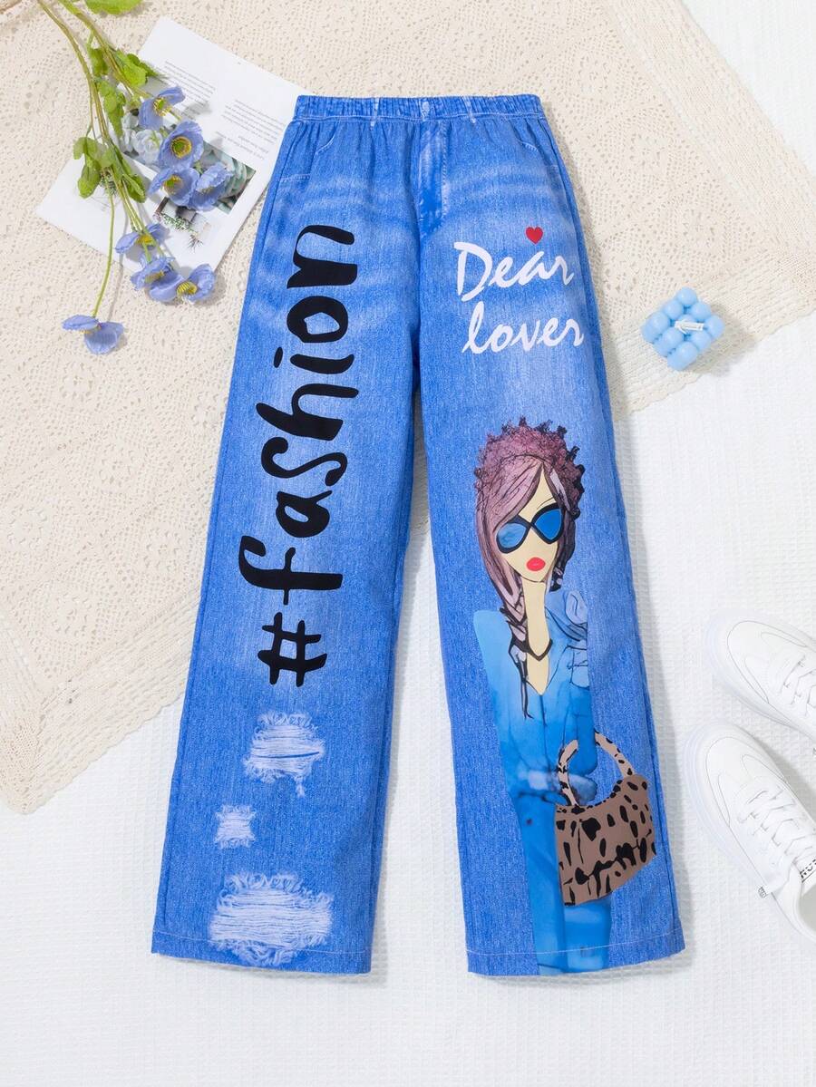 青少年女孩弹性腰部全印花休闲时尚牛仔效果裤 - 藍色 - 查看 1
