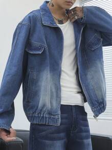 Claim Dot 男士休闲水洗拉链前宽松落肩牛仔夹克，适合秋季 - 中等水洗藍 - 查看 4