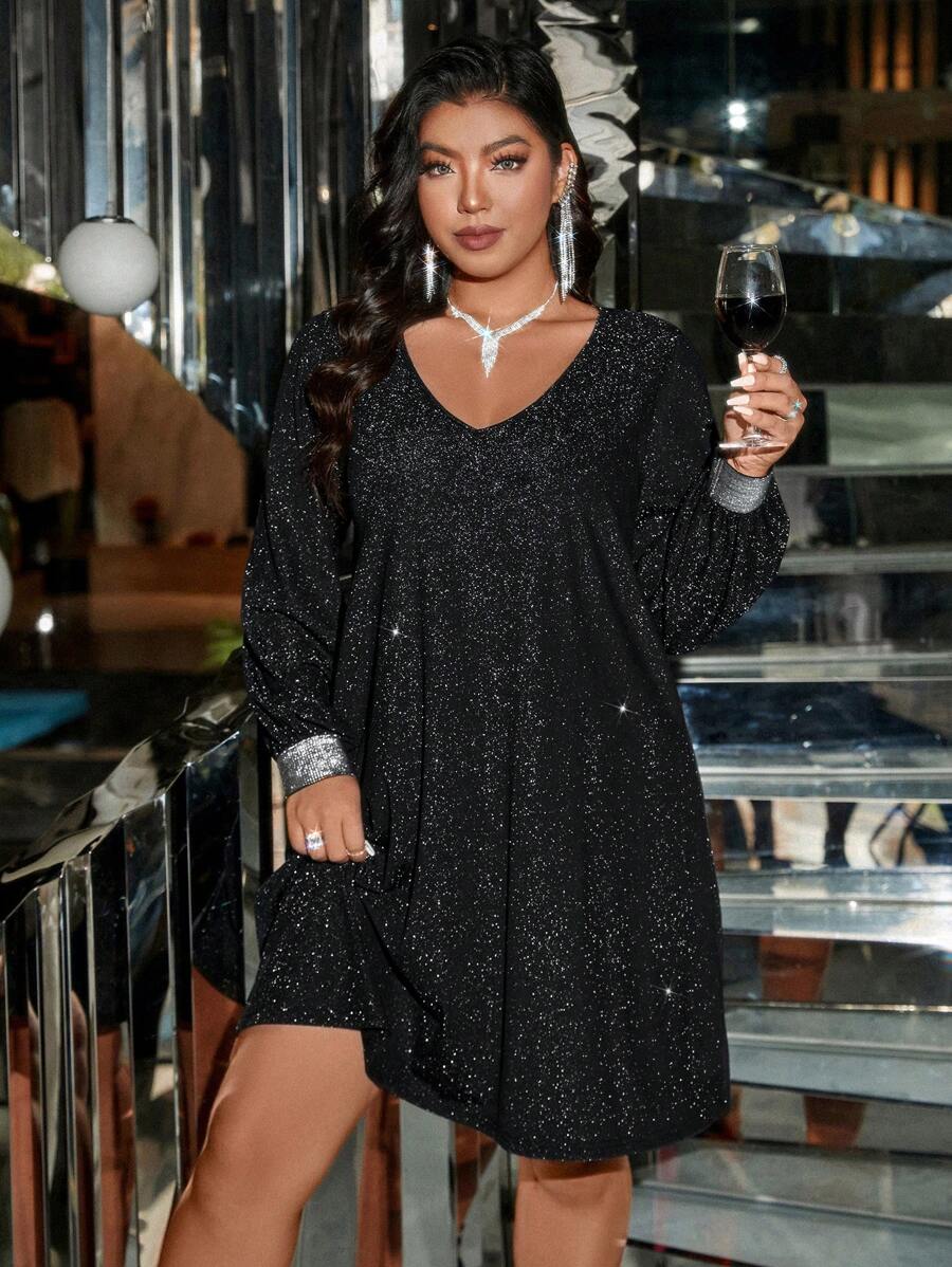 大码女式休闲 V 领长袖直筒宽松全身印花连衣裙，秋季 - 黑色 - 查看 1