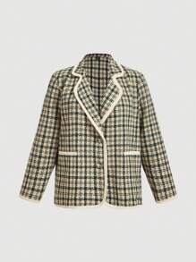 SHEIN MOD Plus Size Women Green Plaid Tweed Vintage Style Contrast Trim Blazer Jacket - Multicolor - View 1