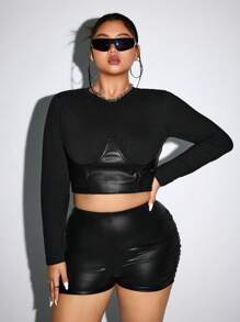 SHEIN ICON Plus Size Women PU Panel Fitted Crop Tee - Black - View 5