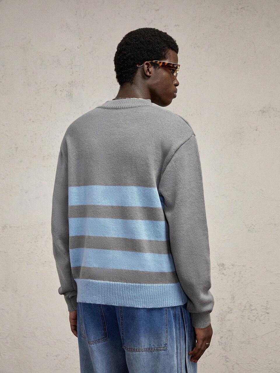 Men's Grey Striped Long Sleeve Sweater,Autumn Casual Work Loose Drop Shoulder Contrast Color Patchwork Asymmetric High Collar Crew Neck Knitwear