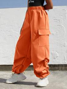SHEIN Explorewe Tween Girl Plain Elastic Waist Cargo Pocket Harem Casual Pants - Orange - View 3