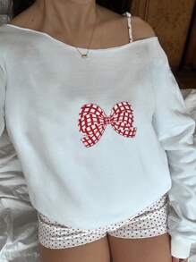 INAWLY 女士蝴蝶印花不对称领口宽松长袖运动衫，秋冬季休闲风格 - 白色 - 查看 1