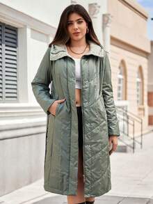 Astrid 大码女式纯色长袖单排扣口袋休闲连帽棉服外套，冬季