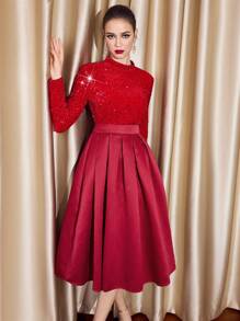 Vintamour Vintage Elegant Women's Patchwork Sequins Velvet Boat Neck Long Sleeve Satin Midi A-Line Party Dress,Autumn Winter Burgundy Christmas Thanksgiving - Red - View 4