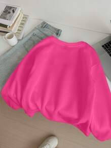 SHEIN EZwear MALIBU 印花休闲宽松圆领长袖厚款女式运动衫，秋冬款 - 粉色 - 查看 2