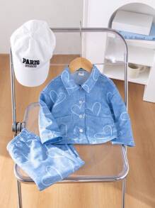 SHEIN Bộ 2 áo khoác dài tay in hình trái tim màu xanh cho bé gái và quần dài in hình trái tim màu xanh, phù hợp cho mùa thu đông - Màu xanh lam - Xem 6